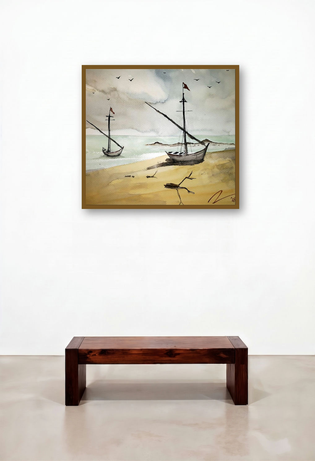 Resting Boats (Anchored Memories) by artist Arunava Ray displayed in a Mid-Century Modern Library