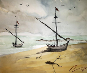 Seascape watercolor painting titled 'Resting Boats', 8x11 inches, by artist Arunava Ray on Paper