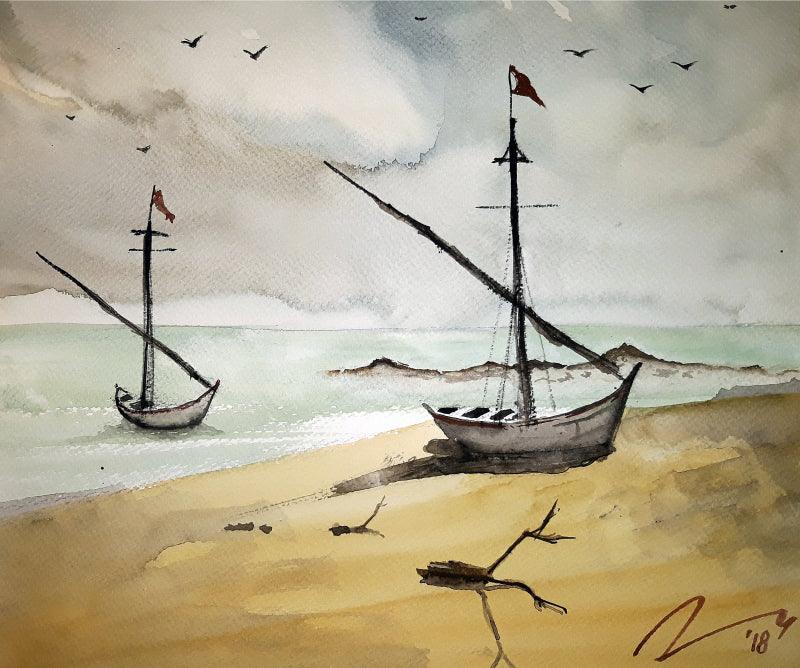 Seascape watercolor painting titled 'Resting Boats', 8x11 inches, by artist Arunava Ray on Paper