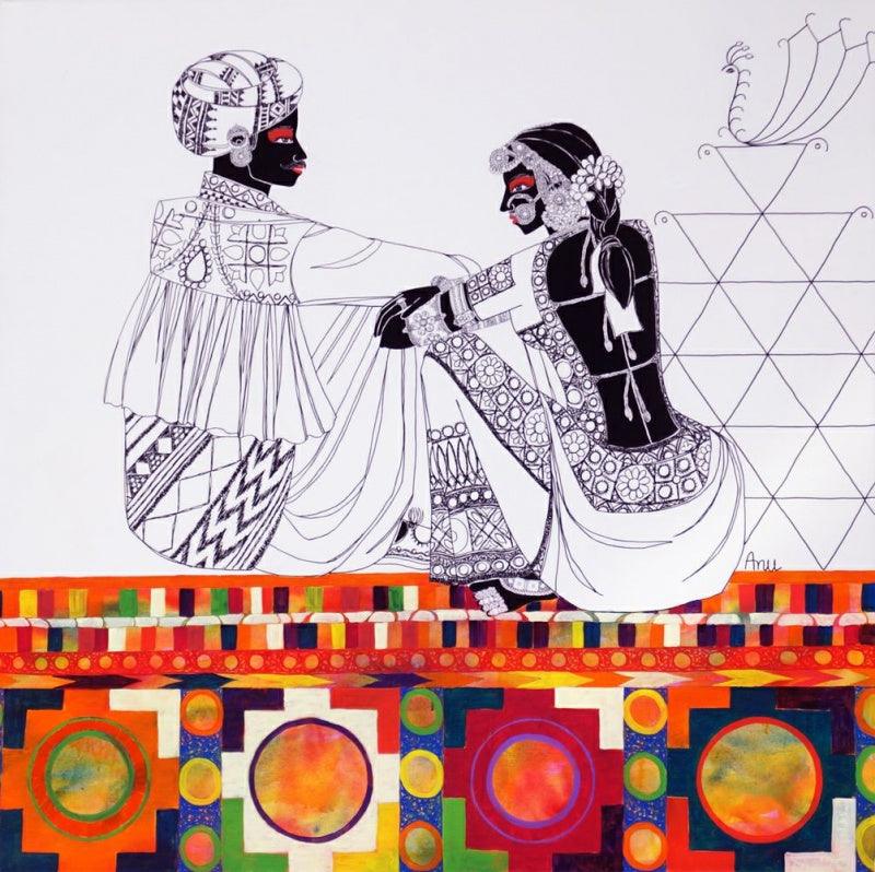 Figurative acrylic painting titled 'Rhythm 40', 48x48 inches, by artist Anuradha Thakur on Canvas