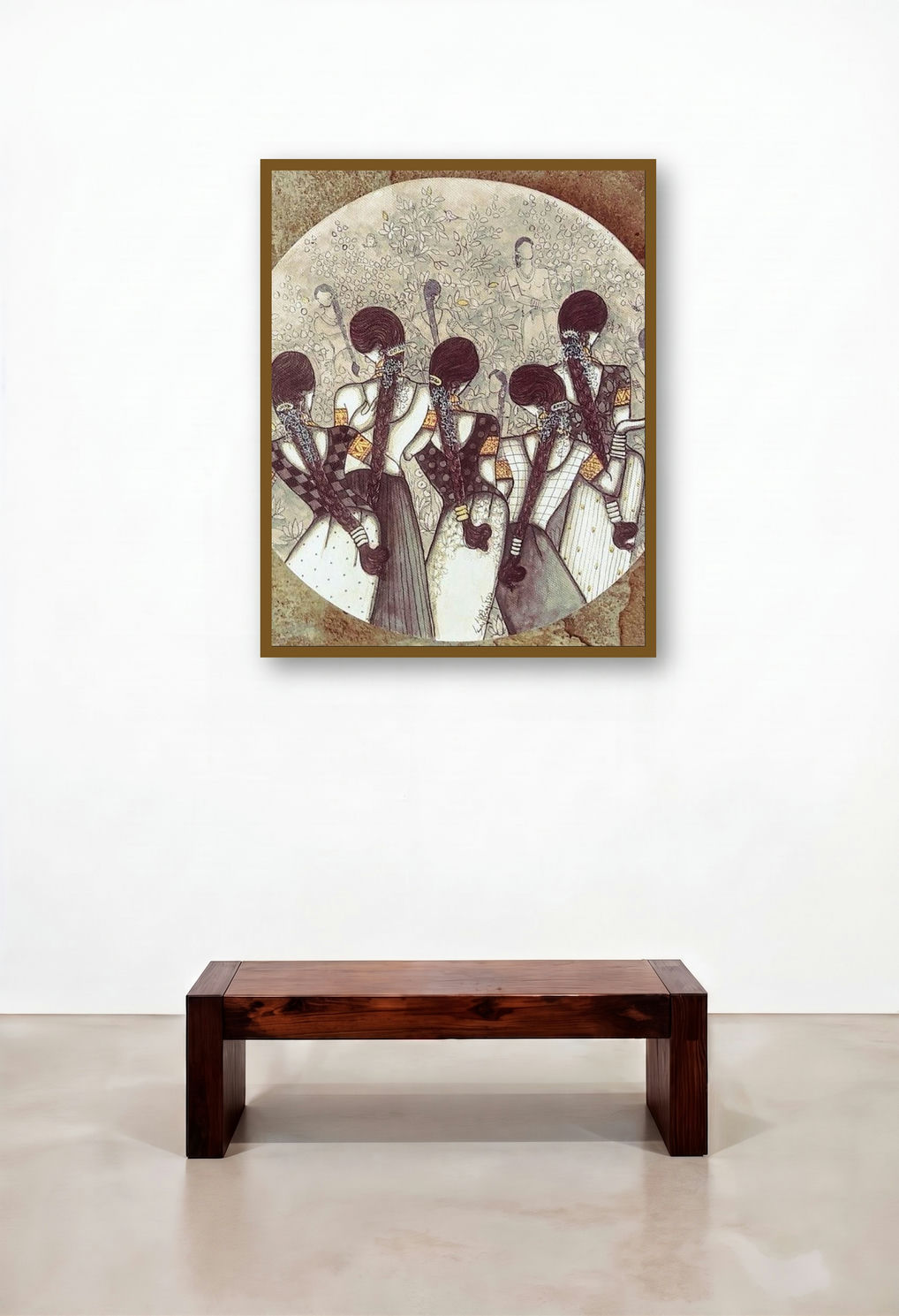 Rhythm (Women in a Garden) by artist Kappari Kishan displayed in a Japandi Executive Office