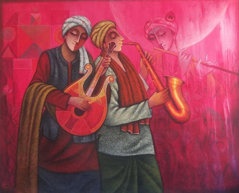 Religious acrylic oil painting titled 'Rhythm', 40x50 inches, by artist Ram Onkar on Canvas