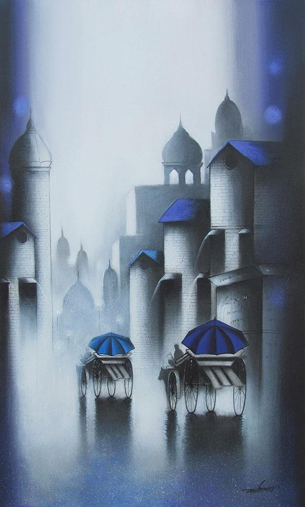 Cityscape mixed media painting titled 'Rhythmic Monsoon Ride 1', 30x18 inches, by artist Somnath Bothe on Canvas