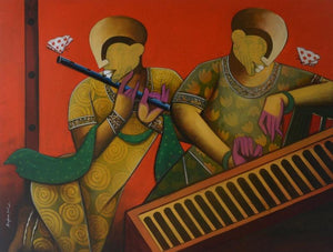 Figurative acrylic painting titled 'Rhythmic Reverberations 2', 48x36 inches, by artist Anupam Pal on canvas