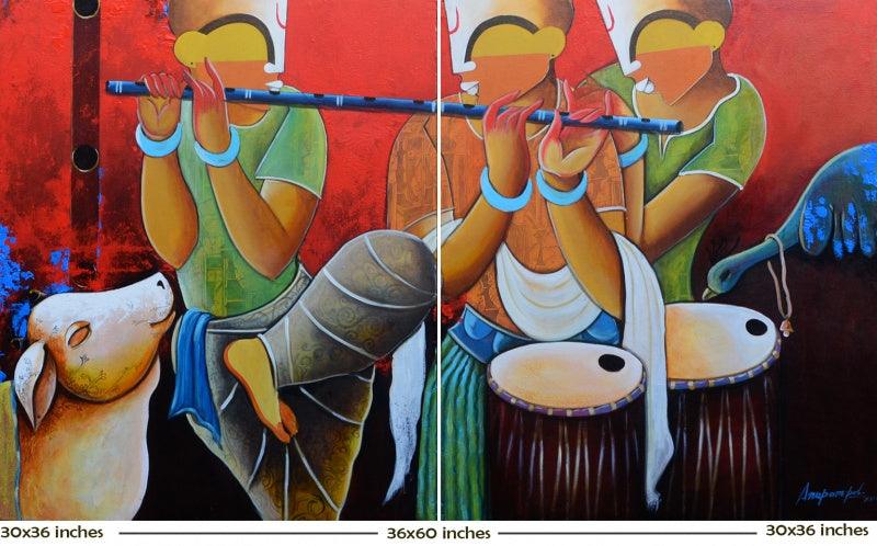 contemporary acrylic painting titled 'Rhythmic conversation', 36x60 inches, by artist Anupam Pal on canvas