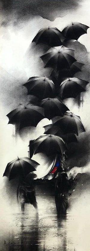 Figurative charcoal painting titled 'Rickshaw Puller 1', 36x13 inches, by artist Ajay De on Paper