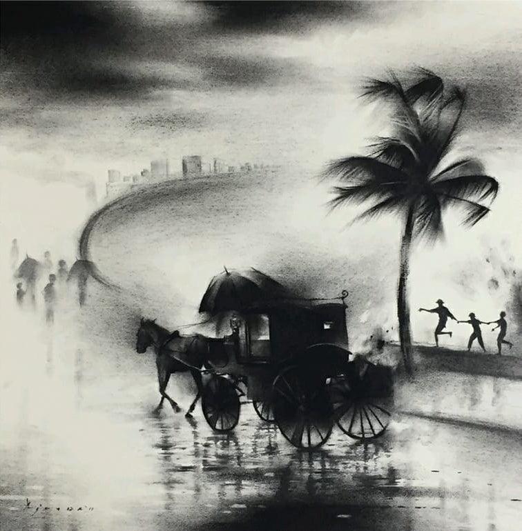 Cityscape charcoal painting titled 'Rickshaw Puller 2', 15x15 inches, by artist Ajay De on Paper