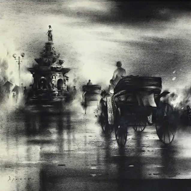 Cityscape charcoal painting titled 'Rickshaw Puller 3', 15x15 inches, by artist Ajay De on Paper