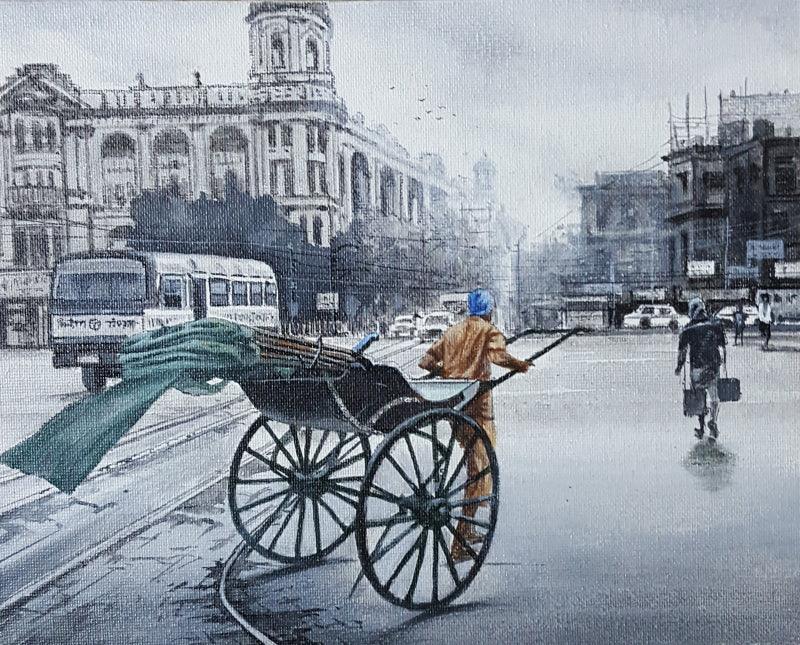 Cityscape acrylic painting titled 'Rickshaw Puller In Kolkata', 16x20 inches, by artist Amlan Dutta on Canvas