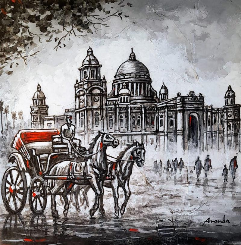 Cityscape acrylic charcoal painting titled 'Rickshaw Puller In Kolkata', 12x12 inches, by artist Ananda Das on Canvas