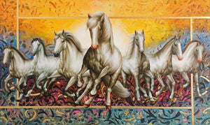 Animals oil painting titled 'Rising Horses', 36x60 inches, by artist Pradeep Kumar on Canvas