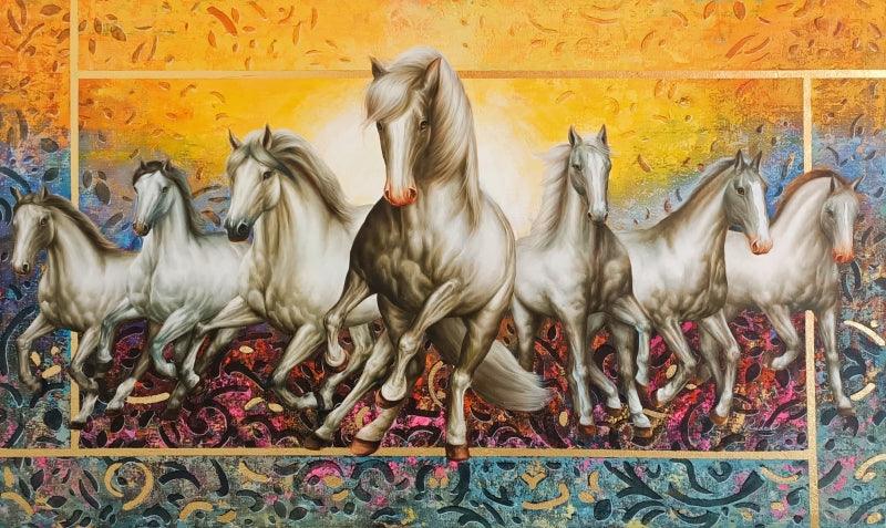 Animals oil painting titled 'Rising Horses', 36x60 inches, by artist Pradeep Kumar on Canvas