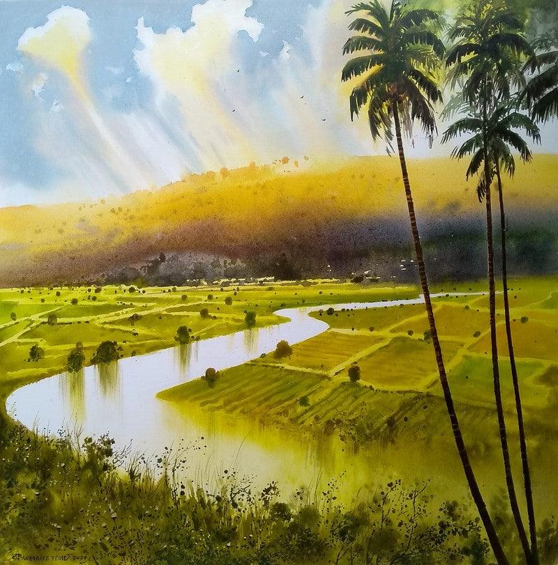 Landscape acrylic painting titled 'River', 30x30 inches, by artist NanaSaheb Yeole on Canvas