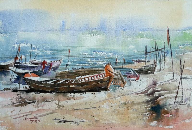 Landscape watercolor painting titled 'River', 22x17 inches, by artist Siddhanath Tingare on Paper