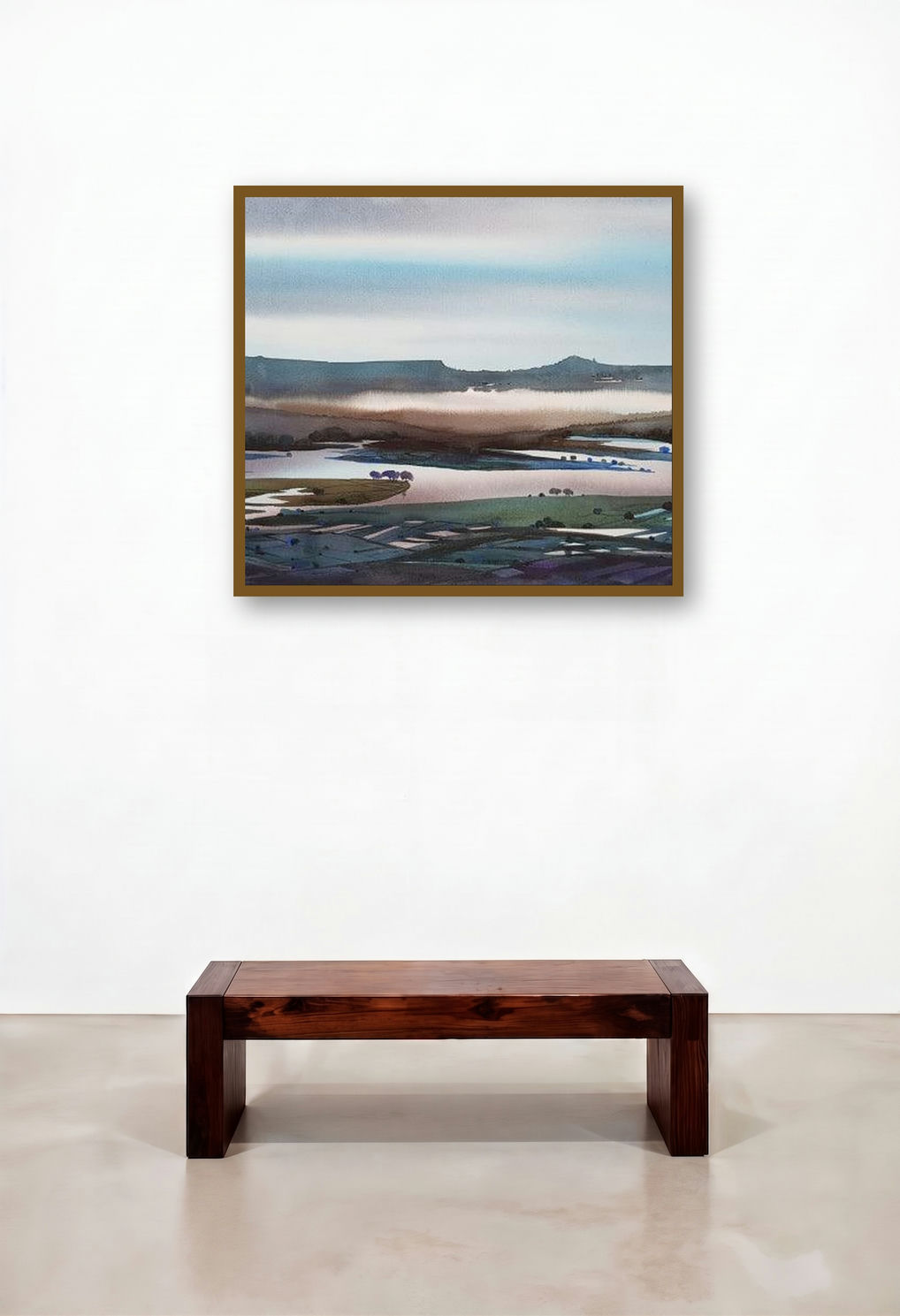 Riverscape 2 (Misty Mornings) by artist Sunil Kale displayed in a Minimalist Living Room