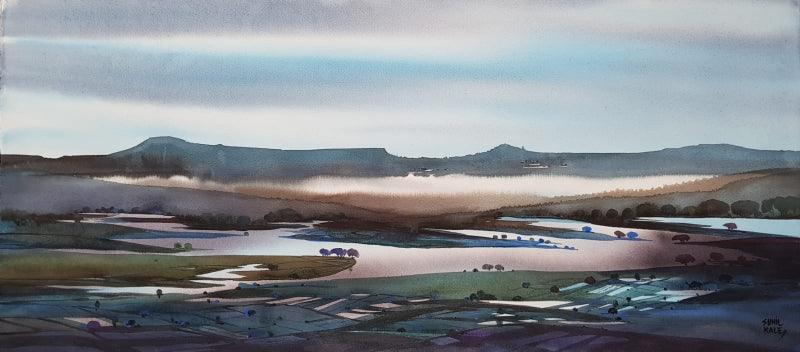 Nature watercolor painting titled 'Riverscape 2', 20x44 inches, by artist Sunil Kale on Arches Paper