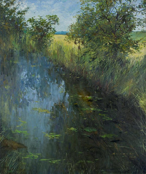 Nature oil painting titled 'Riverside', 36x30 inches, by artist Bhargavkumar Kulkarni on Canvas