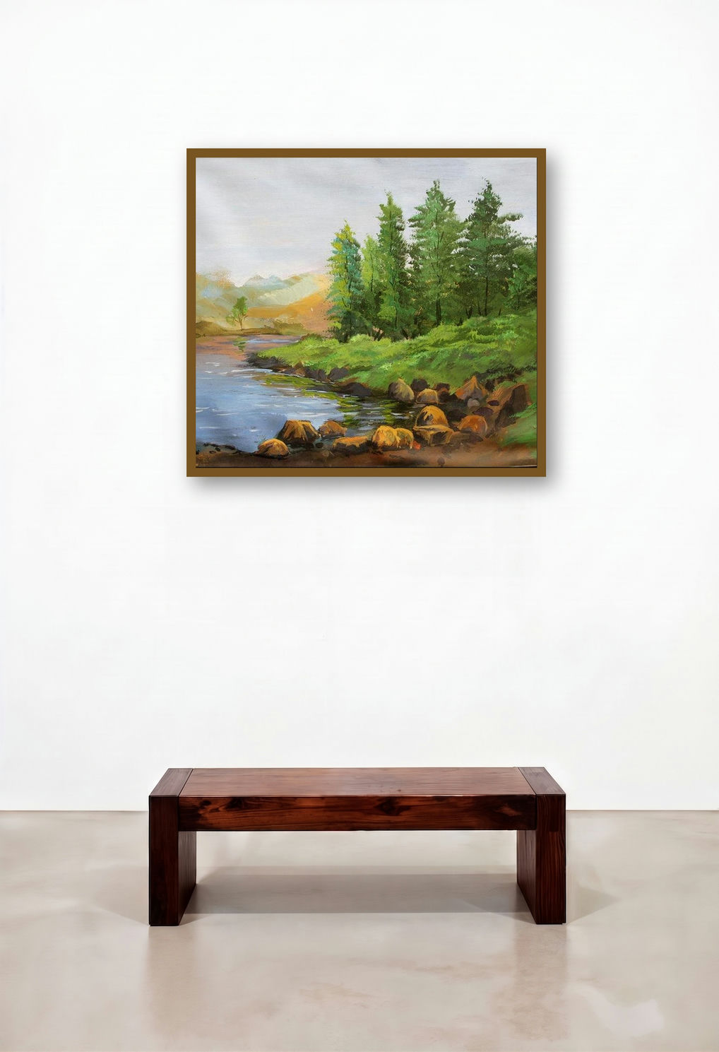 Riverside (Lakeside Tranquility) by artist Chandrashekhar P Aher displayed in a Classic Hotel Suite
