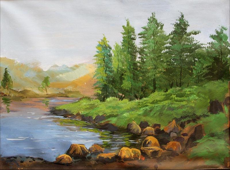 Landscape acrylic painting titled 'Riverside', 18x24 inches, by artist Chandrashekhar P Aher on Canvas Board