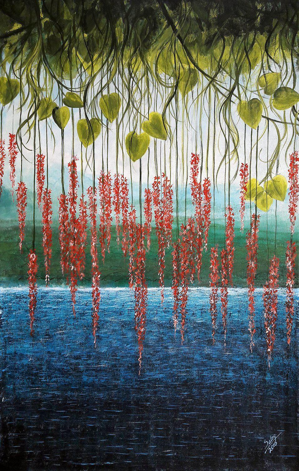 Surrealist acrylic painting titled 'Riverside', 36x24 inches, by artist Seby Augustine on Canvas