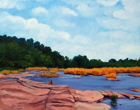 Landscape oil painting titled 'Riverside', 14x18 inches, by artist Tushar Patange on Canvas