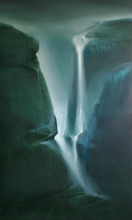 Landscape oil painting titled 'Rockscape', 36x72 inches, by artist Vinod Sharma on Canvas