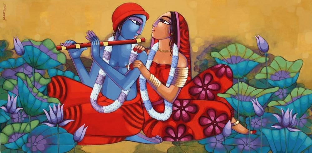 Religious acrylic painting titled 'Romantic Couple', 36x72 inches, by artist Sekhar Roy on Canvas