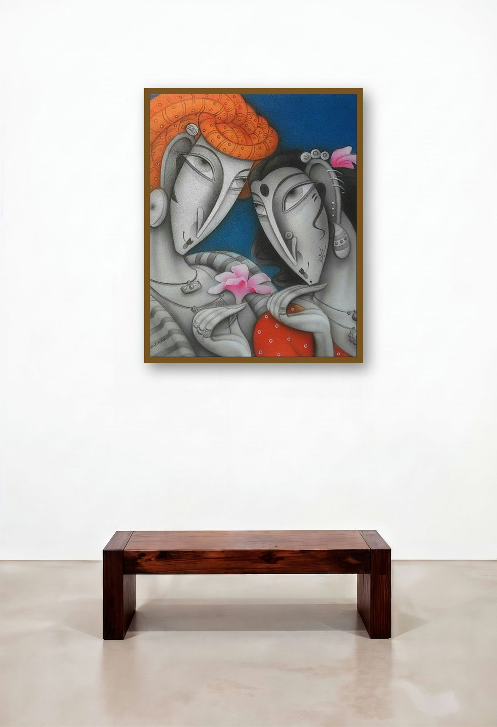 Romantic Couple (Whispers of the Heart) by artist Ramesh Pachpande displayed in a Eclectic Hallway