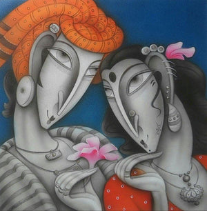 Romantic Couple (Whispers of the Heart) by Ramesh Pachpande, Original Acrylic Figurative Painting on Canvas, Small Square Wall Art