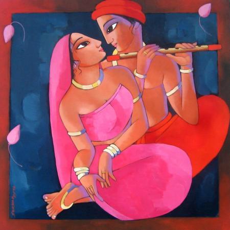 Cubist acrylic painting titled 'Romantic Couple', 42x42 inches, by artist Sekhar Roy on Canvas