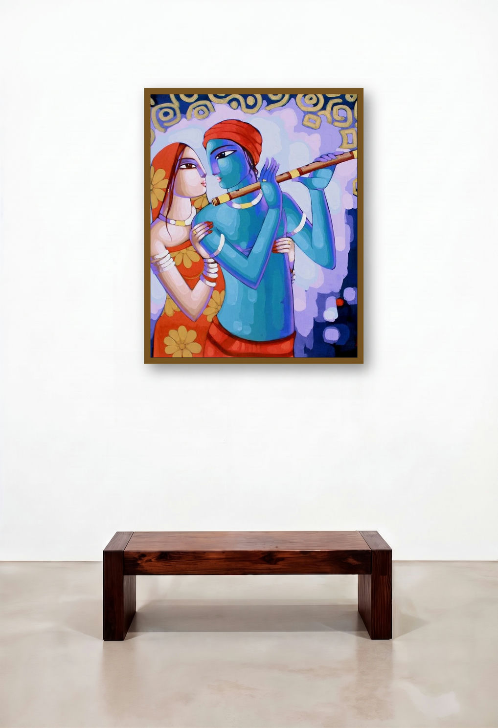 Romantic Couple (Radha Krishna Flute Romance) by artist Sekhar Roy displayed in a Industrial Bedroom