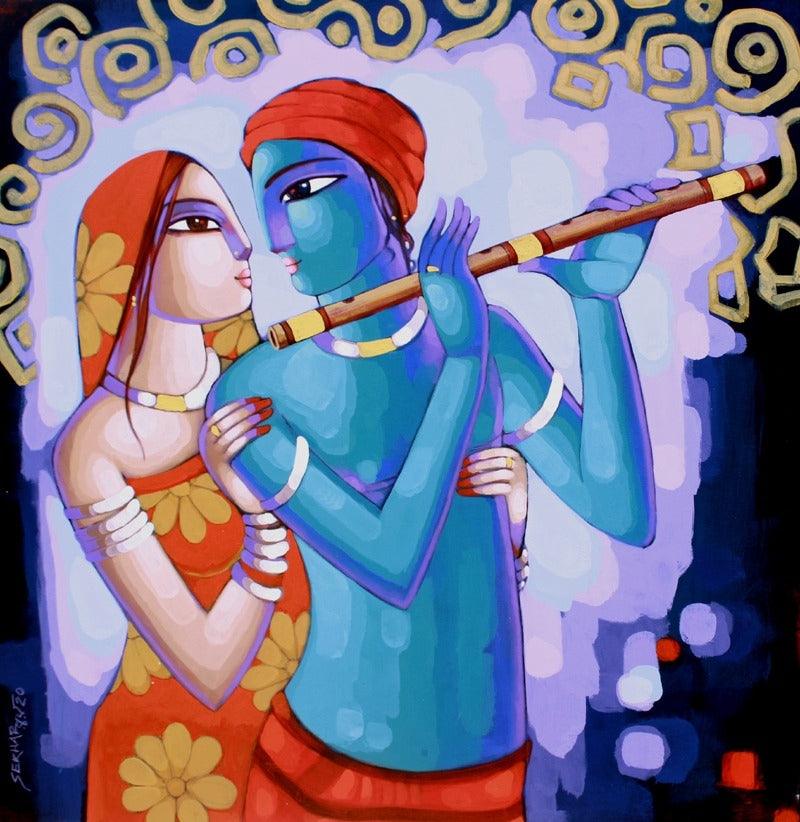 Religious acrylic painting titled 'Romantic Couple', 36x36 inches, by artist Sekhar Roy on Canvas