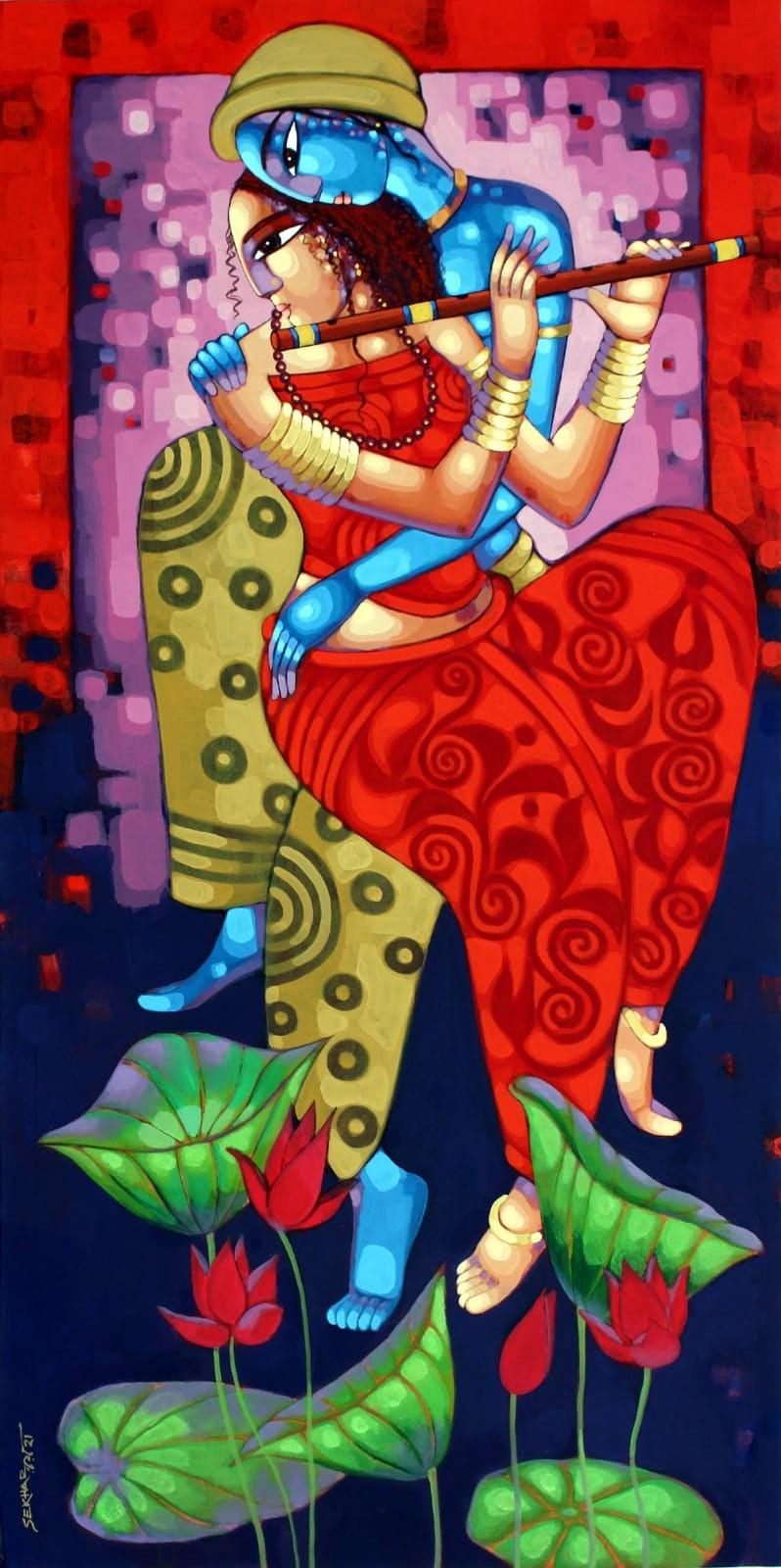 Religious acrylic painting titled 'Romantic Couple', 72x36 inches, by artist Sekhar Roy on Canvas