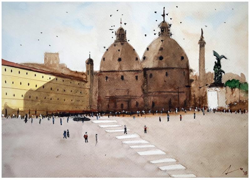 Cityscape watercolor painting titled 'Rome Italy', 7x11 inches, by artist Arunava Ray on Paper