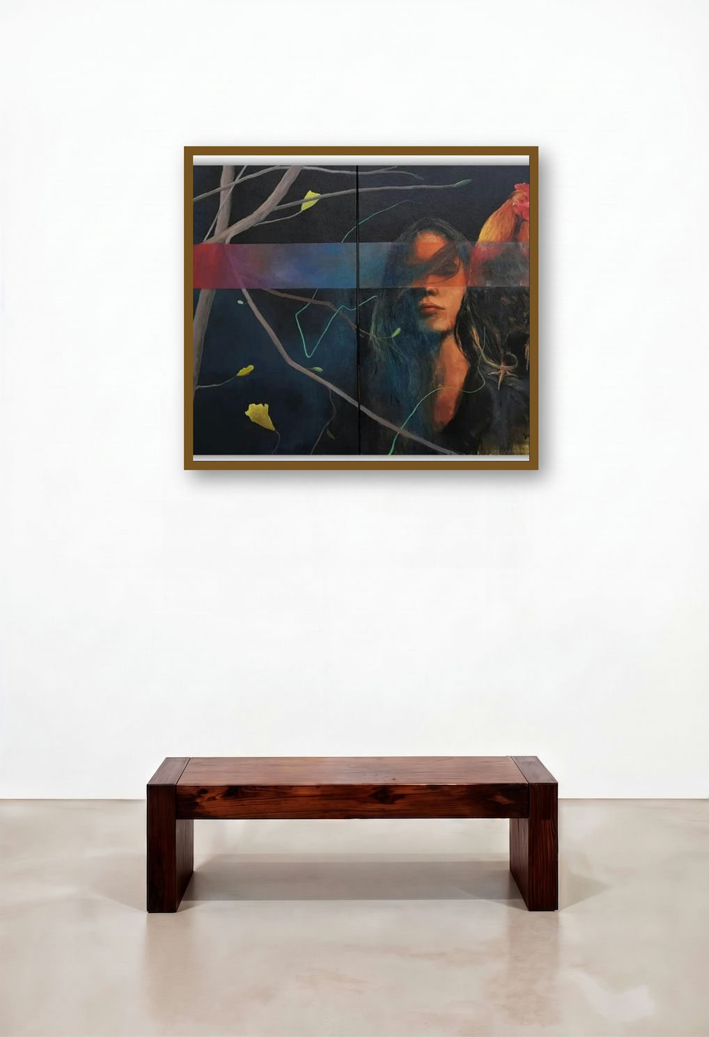 Rooster (The Majestic Rooster) by artist Goldminson Aimol displayed in a Mid-Century Modern Reception Area