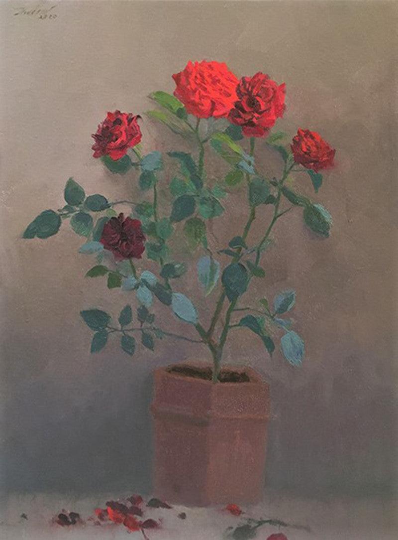 Still-life oil painting titled 'Rose', 19x15 inches, by artist Paresh Thukrul on Canvas