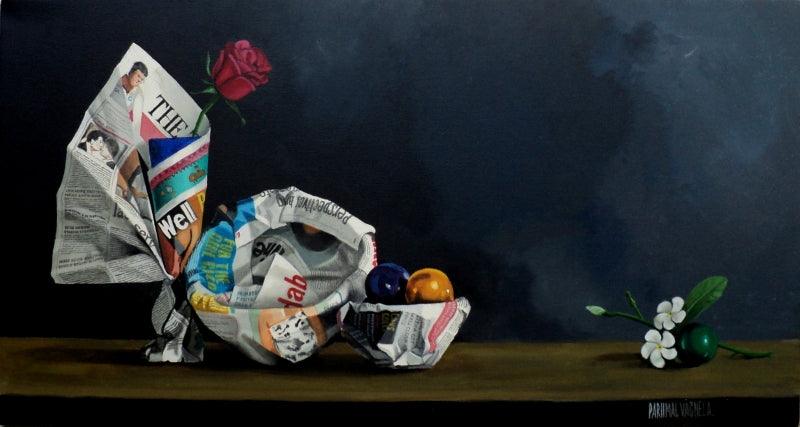 Still-life acrylic painting titled 'Rose', 16x30 inches, by artist Parimal Vaghela on Canvas