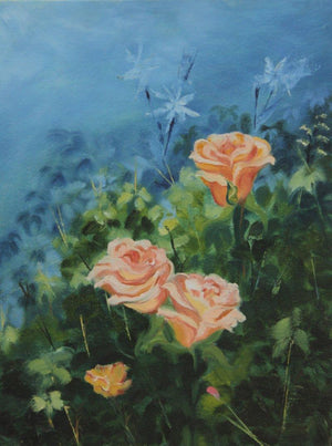 Roses (Peach Roses on Blue) by Krupa Shah, Original Oil Nature Painting on Canvas, Small Vertical Wall Art