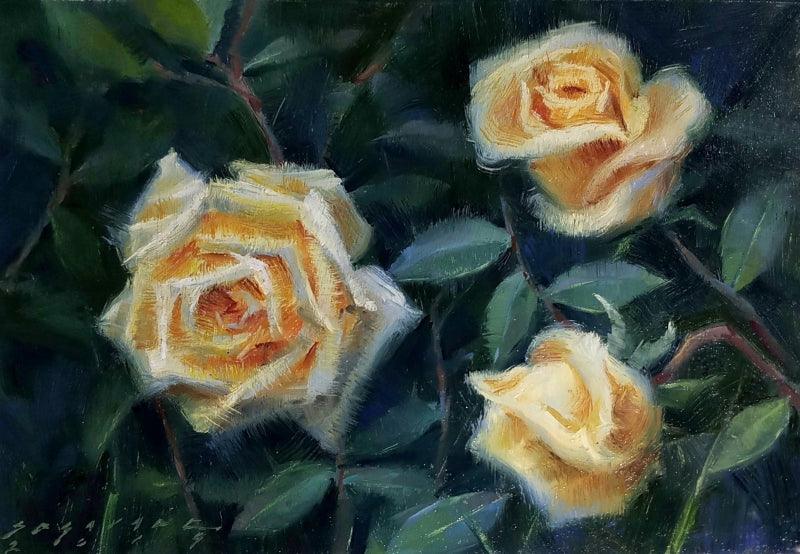 Nature oil painting titled 'Roses', 8x11 inches, by artist Siddharth Gavade on mount board