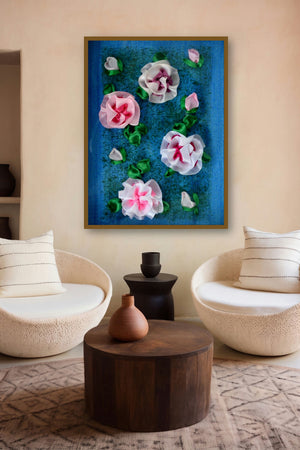 Roses (Ribbon Rose Artwork) by artist Mohna Paranjape displayed in a Minimalist gallery