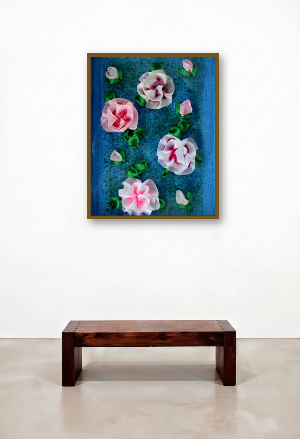 Roses (Ribbon Rose Artwork) by artist Mohna Paranjape displayed in a Scandinavian Family Room