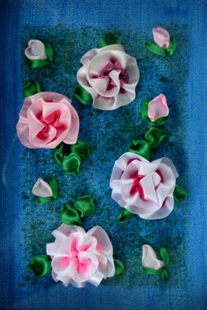 Roses (Ribbon Rose Artwork) by Mohna Paranjape, Original Cloth Nature Painting on Cloth, X-Small Vertical Wall Art