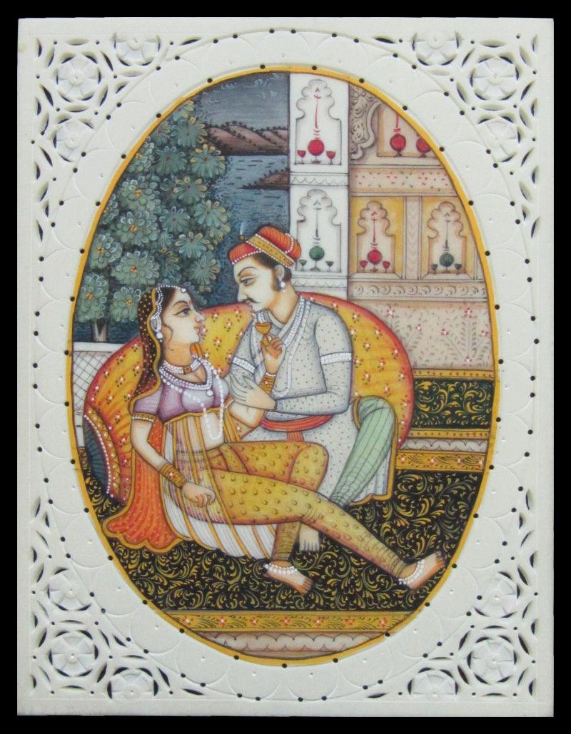 Figurative mughal traditional art titled 'Royal Amusement', 4x3 inches, by artist Unknown on Plastic Sheet