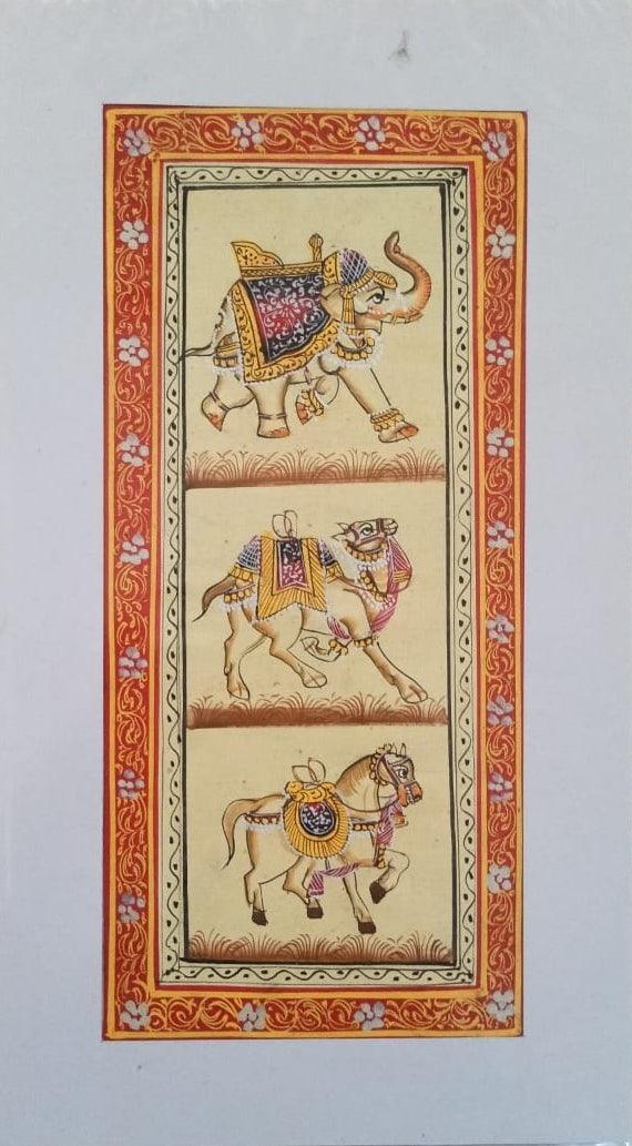 Animals miniature traditional art titled 'Royal Animals 1', 8x4 inches, by artist Pichwai Art on Silk