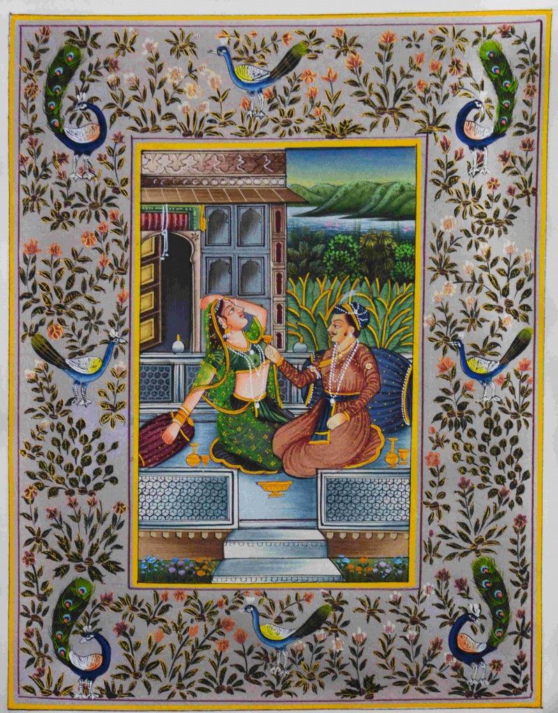 Figurative mughal traditional art titled 'Royal Couple Romancing', 12x9 inches, by artist Unknown on Silk