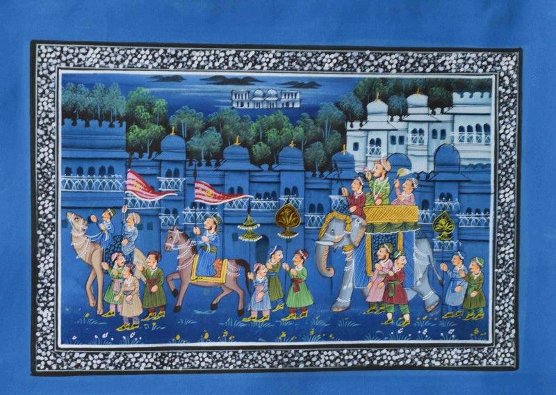 Figurative mughal traditional art titled 'Royal Mughal Procession', 7x10 inches, by artist Unknown on Silk