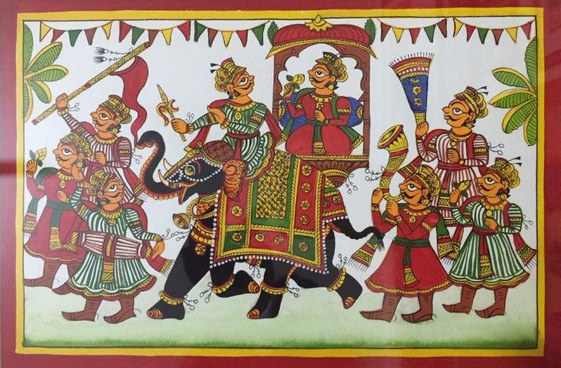 Figurative phad traditional art titled 'Royal Procession 2', 11x14 inches, by artist Unknown on Cloth