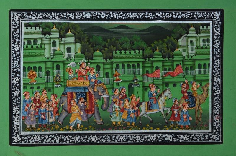 Figurative mughal traditional art titled 'Royal Procession', 5x8 inches, by artist Unknown on Silk