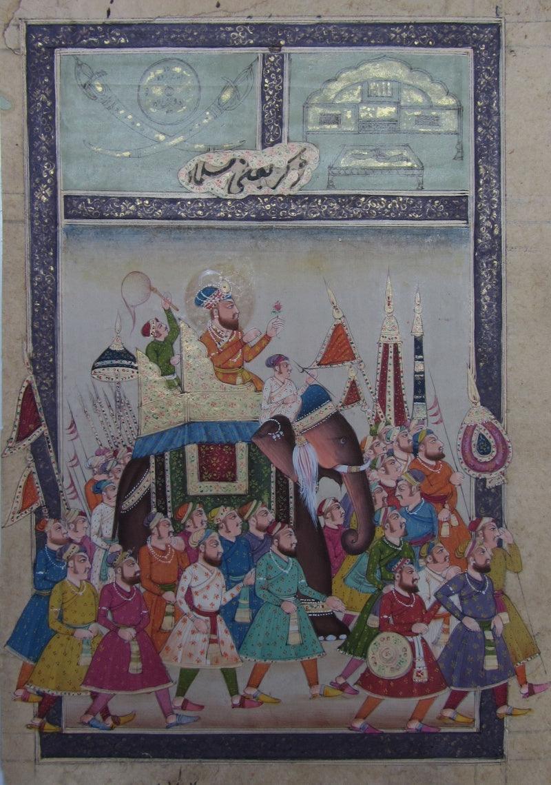 Figurative mughal traditional art titled 'Royal Procession', 8x6 inches, by artist Unknown on Paper