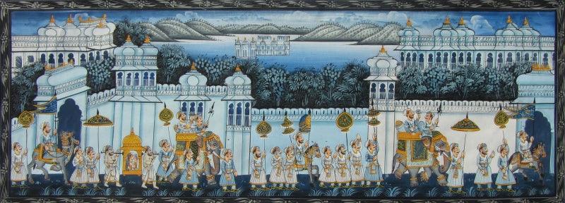 Figurative mughal traditional art titled 'Royal Procession', 6x16 inches, by artist E Craft on Silk